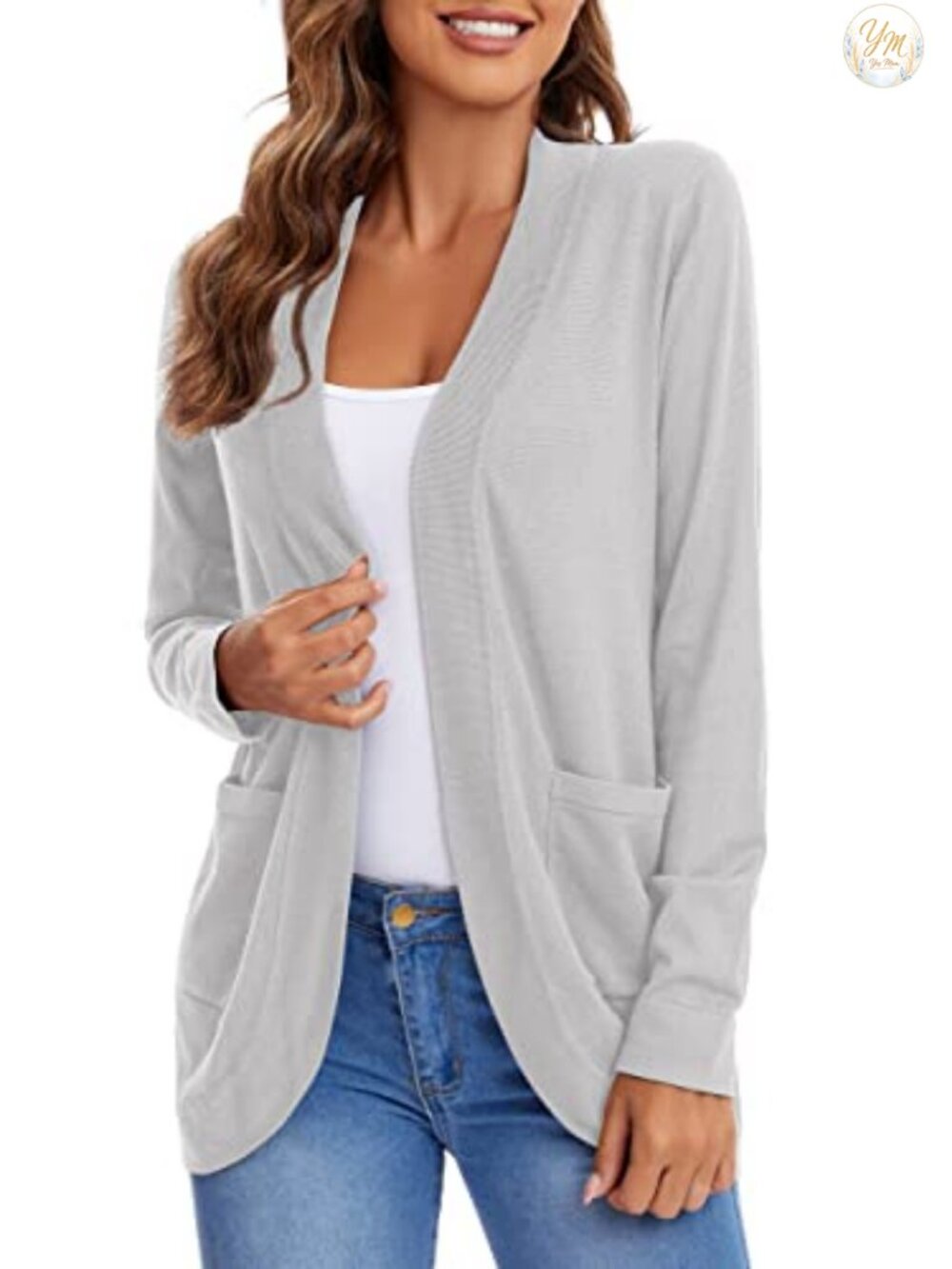Long Sleeve Knit Cardigan Open Front Curved Hem Pockets Loose Fit